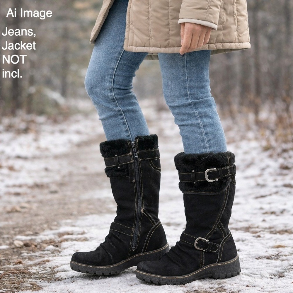 BareTraps Bakan Women 8M Black Suede Faux Fur Lined Mid Calf Boots‎ Cozycore